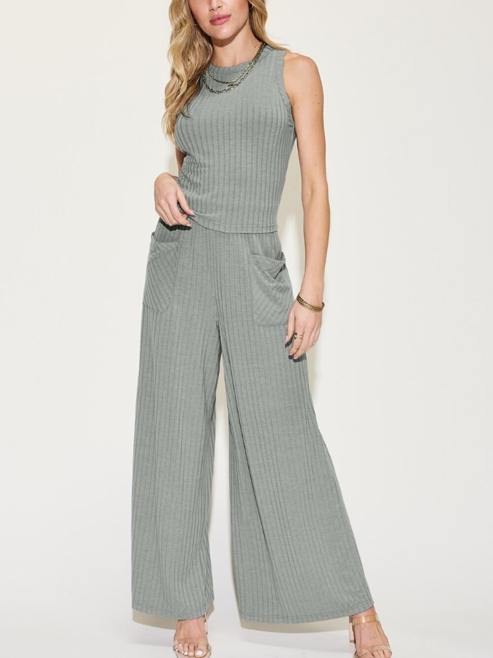 Basic Bae Full Size Ribbed Tank and Wide Leg Pants Set